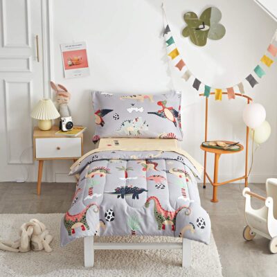 Uozzi Bedding 4 Piece Gray Dinosaurs Toddler Bedding Set