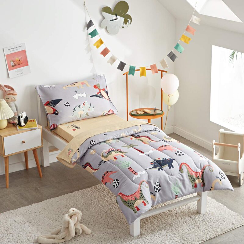 Uozzi Bedding 4 Piece Gray Dinosaurs Toddler Bedding Set